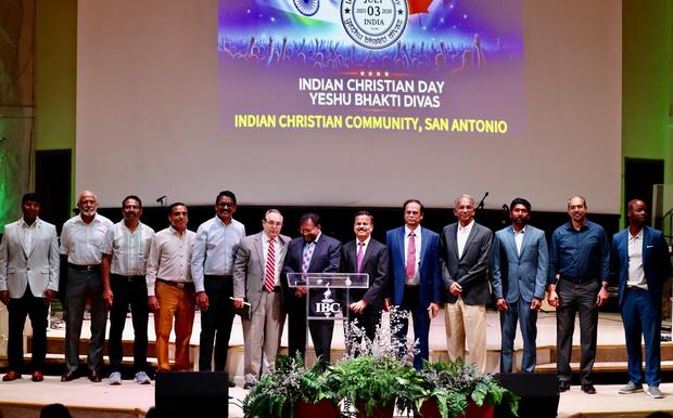 Leaders on stage at an Indian Christian Day — Yeshu Bhakti Divas gathering