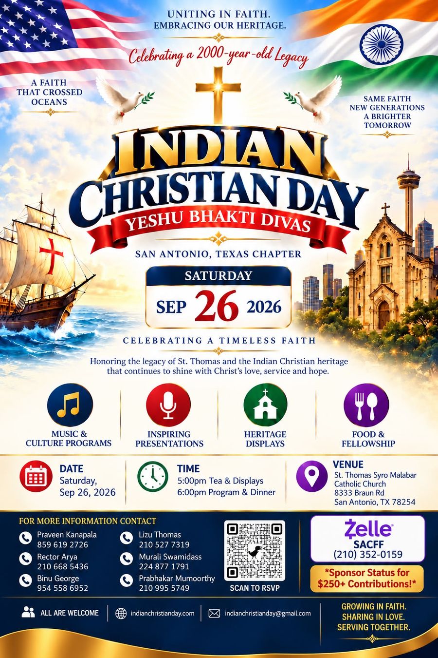 Indian Christian Day 2026 flyer: Yeshu Bhakti Divas, San Antonio Texas Chapter, Saturday September 26 2026, 5:00 PM tea and displays, 6:00 PM programme and dinner, at St. Thomas Syro Malabar Catholic Church, 8333 Braun Rd, San Antonio, TX 78254